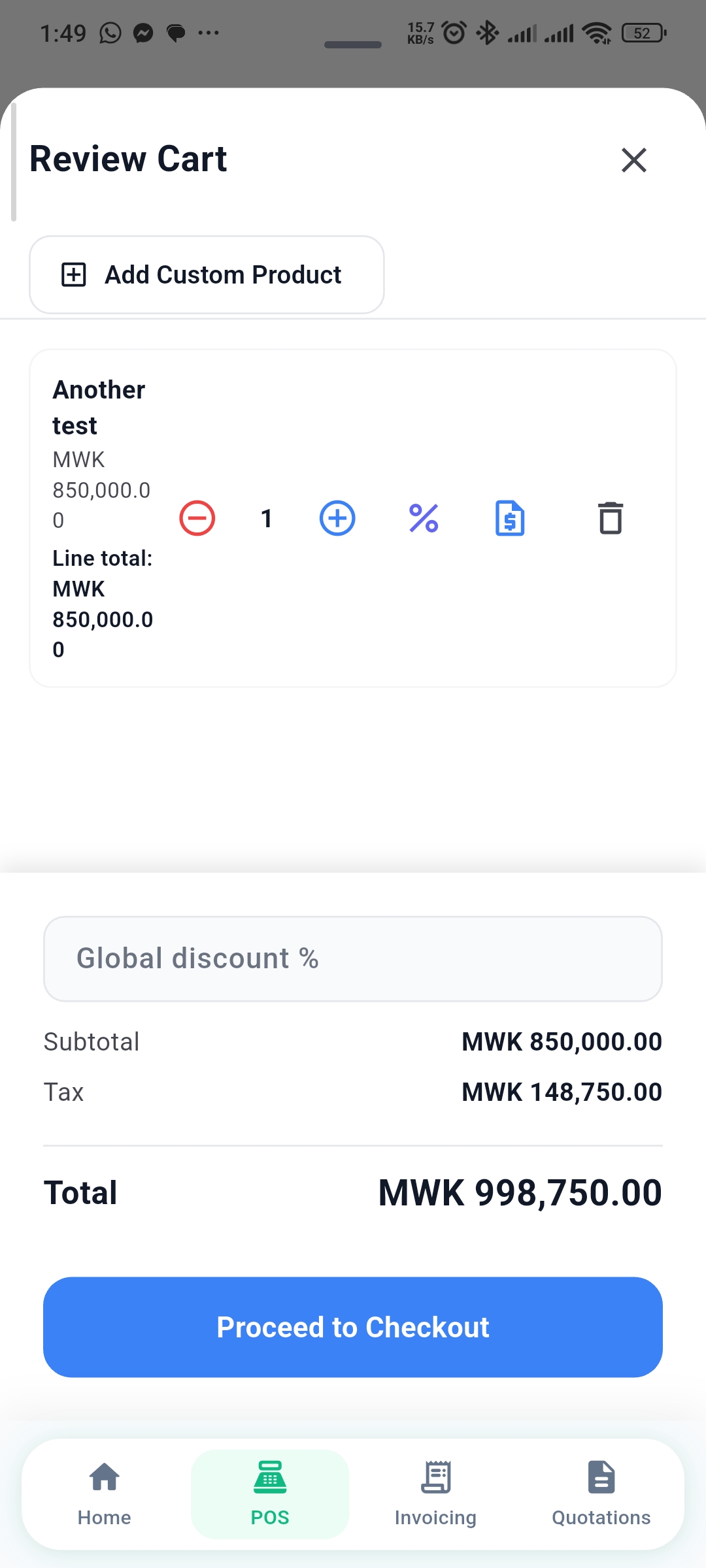 POS - review cart, tax and checkout