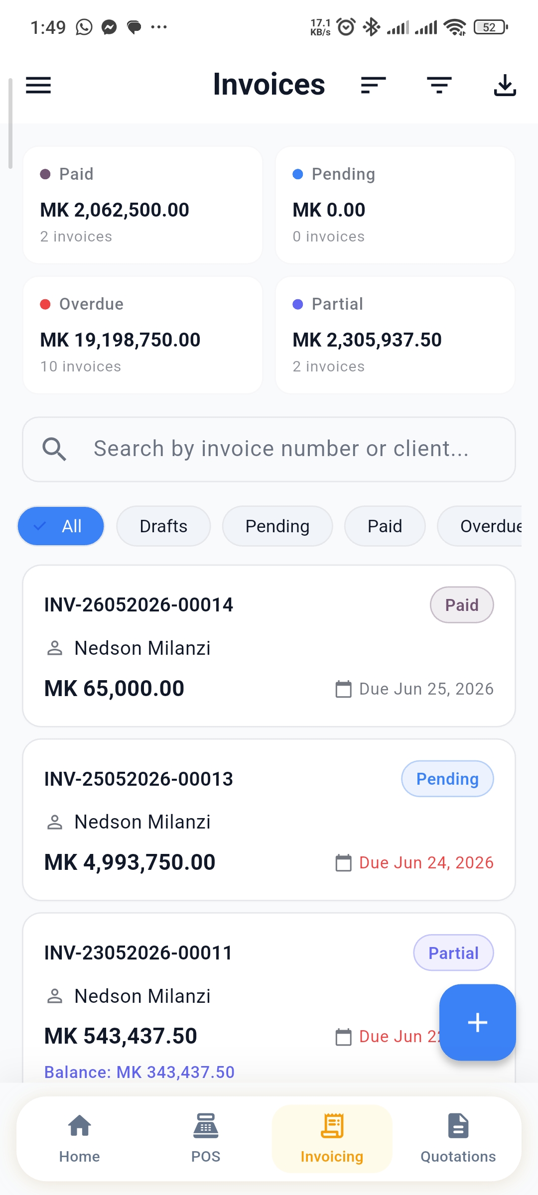 Invoicing - paid, pending, overdue and partial